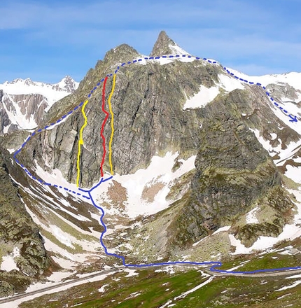 Pain de Sucre, Valle del Gran San Bernardo - Pain de Sucre, Valle del Gran San Bernardo e le vie d'arrampicata. Giallo: Tranta pűrghi (Gianpaolo Ducly, Mario Ogliengo, Pietro Perrone, Rocco Perrone, 2021). Rosso: Peine de Sucre (Gianpaolo Ducly, Mario Ogliengo, Pietro Perrone, Rocco Perrone, dal basso 2021). Arancione: La Banda degli Onesti (Simone Corrias, Gianpaolo Ducly, Mario Ogliengo, Rocco Perrone, dal basso settembre 2020)