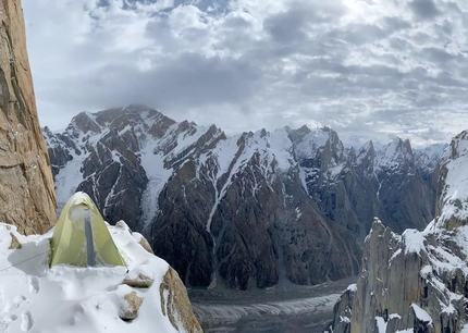 Edu Marín, Eternal Flame, Nameless Tower, Trango Tower, Pakistan - The tent of Edu Marín on the Snow Ledge at 5700m on the Nameless Tower