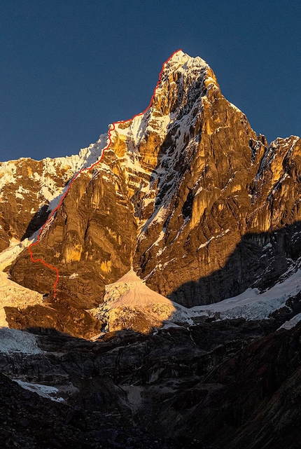 Jirishanca, Peru, Alik Berg, Quentin Roberts - The East Face of Jirishanca in Peru and the line of Reino Hongo, first ascended by Alik Berg and Quentin Roberts