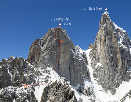 Uli Biaho Spire, Trango Towers, Alessandro Baù, Leonardo Gheza, Francesco Ratti - Uli Biaho Tower e Uli Biaho Spire (Trango, Pakistan) con la linea di Refrigerator Off-Width, aperta da Alessandro Baù, Leonardo Gheza e Francesco Ratti, 07/2022