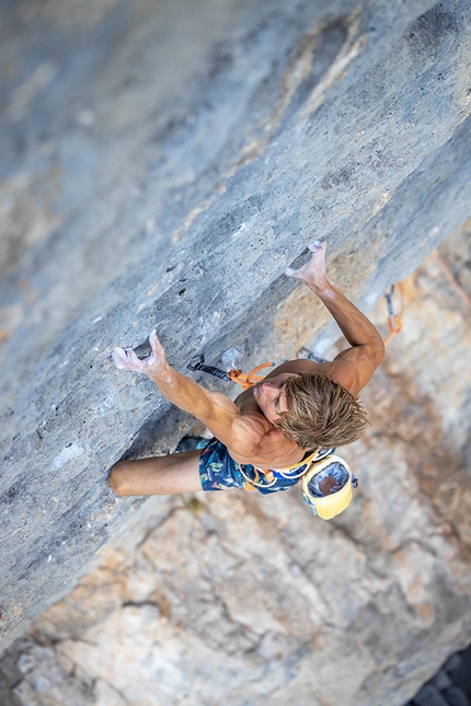 Alexander Megos, Céüse - Alex Megos at Céüse in France making the first ascent of Ratstaman Vibrations. The project was bolted ground-up by Chris Sharma over a decade ago, and the German climber now believes the route checks in the 9b grade range.  