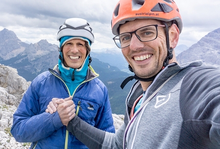 Pilastro di Misurina, Cadini, Dolomites, Peter Manhartsberger, Florian Wenter - Florian Wenter and Peter Manhartsberger on the summit of Pilastro di Misurina in the Dolomites after the first ascent of AramsamsAnna