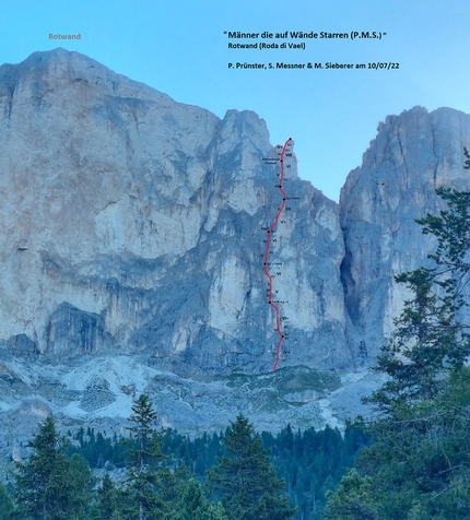 Rotwand, Rosengarten, Dolomites, Simon Messner, Philipp Prünster, Martin Sieberer - Making the first ascent of Männer die auf Wände starren on Rotwand, Rosengarten, Dolomites (Simon Messner, Philipp Prünster, Martin Sieberer 10/07/2022)