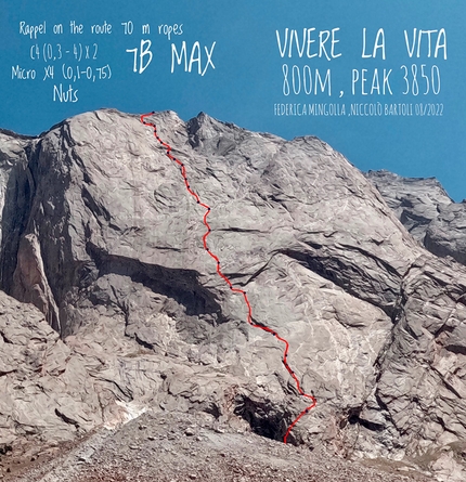 Ak-Su Valley, Pamir Alay, Kyrgyzstan, Federica Mingolla, Niccolò Bartoli, Vivere la Vita - Vivere la Vita (800m, 7b), Slesova Peak, Ak-Su Valley, Kyrgyzstan (Niccolò Bartoli, Federica Mingolla summer 2022)