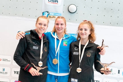 Campionato Mondiale Giovanile di arrampicata sportiva 2022, Dallas, USA - 2. Nuria Brockfeld 1. Beatrice Colli 3. Franziska Ritter, Campionato Mondiale Giovanile di arrampicata sportiva 2022, Dallas, USA