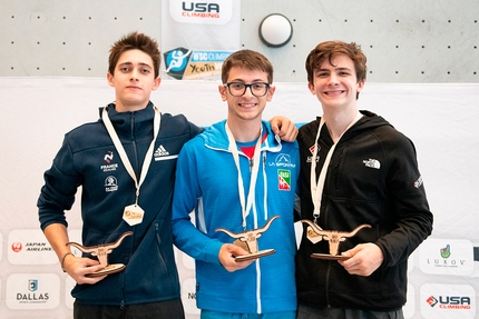 Campionato Mondiale Giovanile di arrampicata sportiva 2022, Dallas, USA - 2. Marius Payet Gaboriaud 1. Marco Rontini 3. Samuel Watson, Campionato Mondiale Giovanile di arrampicata sportiva 2022, Dallas, USA