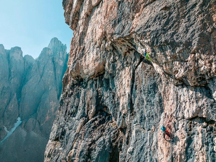 La perla nera, Torre Colfosco, Alta Badia, Dolomites, Simon Gietl, Florian Harasser - Simon Gietl and Florian Harasser making the first ascent of La perla nera, Torre Colfosco, Alta Badia, Dolomites