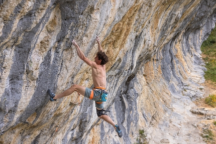 Alexander Rohr, Oblivion, Gimmelwald, Switzerland - Alex Rohr making the first ascent of Oblivion 9a at Gimmelwald in Switzerland