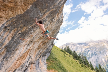Alexander Rohr, Oblivion, Gimmelwald, Switzerland - Alex Rohr making the first ascent of Oblivion 9a at Gimmelwald in Switzerland