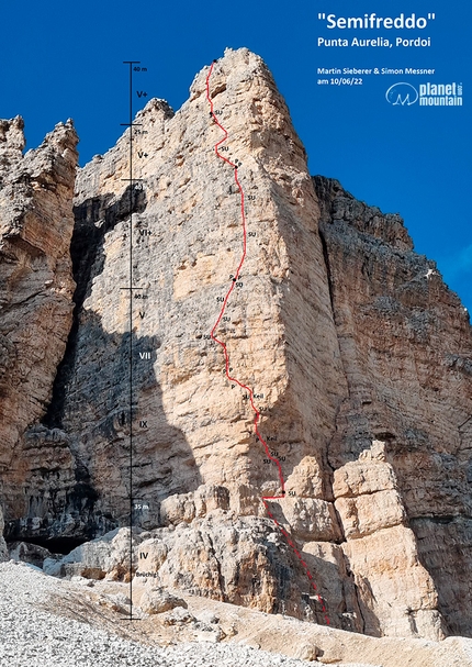 Semifreddo, Sass Pordoi, Dolomiti, Simon Messner, Martin Sieberer - The topo of Semifreddo on Punta Aurelia, Sass Pordoi, Dolomites  (Simon Messner, Martin Sieberer 06/2022)