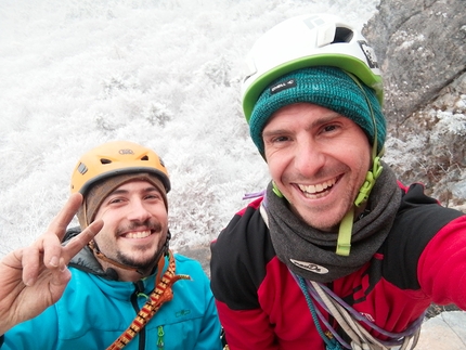 Monte Castel Corona, Val di Non, Via Nòn alpinistica, Stefano Menegardi, Umberto Santuari - Stefano Menegardi e Umberto Santuari durante l'apertura di Via Nòn alpinistica al Monte Castel Corona in Val di Non