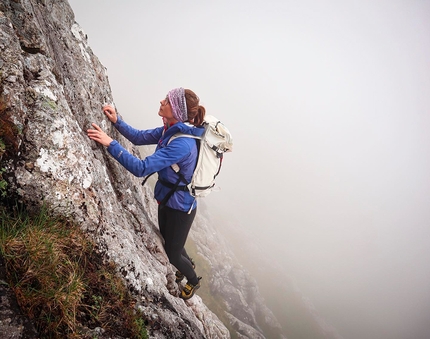 Anna Taylor, Mountain Rock Tour, UK - Anna Taylor climbing Raeburns Arete on Ben Nevis in Scotland during her Mountain Rock Tour, UK, summer 2022