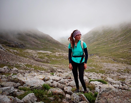 Anna Taylor, Mountain Rock Tour, UK - Anna Taylor below the north face of Ben Nevis, Mountain Rock Tour, UK, summer 2022