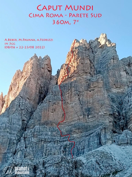 Cima Roma, Dolomiti di Brenta, Caput Mundi, Alessandro Beber, Matteo Pavana, Alberto Fedrizzi - Il tracciato di Caput Mundi alla Cima Roma, Dolomiti di Brenta, di Alessandro Beber, Matteo Pavana e Alberto Fedrizzi.
