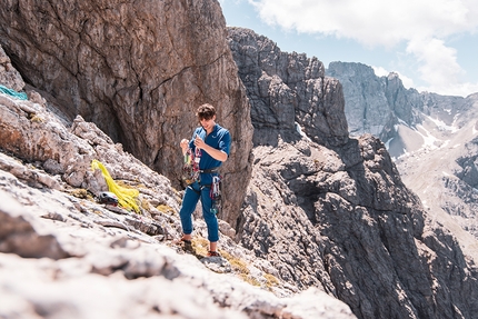 Safety Discussion, Laserz, Lienz Dolomites, Louis Gundolf - Louis Gundolf repeating Safety Discussion on the South Face of Laserz, Lienz Dolomites, belayed by Jonathan Lechner