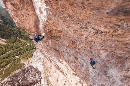 Safety Discussion, Laserz, Lienz Dolomites, Louis Gundolf - Louis Gundolf repeating Safety Discussion on the South Face of Laserz, Lienz Dolomites, belayed by Jonathan Lechner