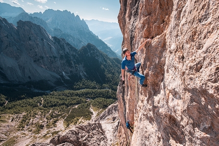 Safety Discussion, Laserz, Lienz Dolomites, Louis Gundolf - Louis Gundolf repeating Safety Discussion on the South Face of Laserz, Lienz Dolomites, belayed by Jonathan Lechner