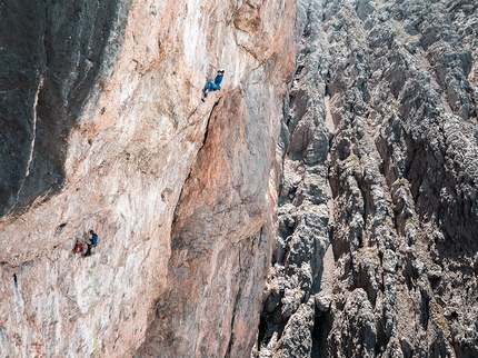 Safety Discussion, Laserz, Lienz Dolomites, Louis Gundolf - Louis Gundolf repeating Safety Discussion on the South Face of Laserz, Lienz Dolomites, belayed by Jonathan Lechner