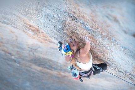 Rayu, Picos de Europa, Sasha DiGiulian, Matilda Söderlund, Brette Harrington - Sasha DiGiulian climbing Rayu on the south face of Peña Santa de Castilla (2596m) in the Picos de Europa massif, with Brette Harrington and Matilda Söderlund