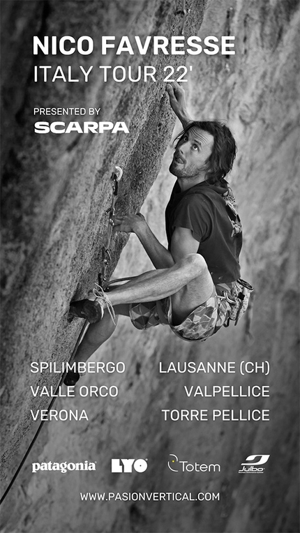 Nicolas Favresse -  climber belga Nicolas Favresse in tour nel nord Italia a settembre e ottobre: Spilimbergo, Ceresole Reale, Verona, Lausanne (CH), Valpellice e Torre Pellice.