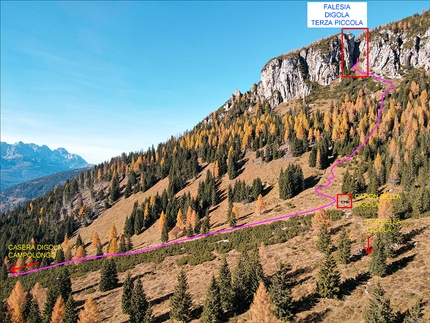 Digola, Val Comelico - L'accesso alla falesia Digola, Terza Piccola, Val Comelico