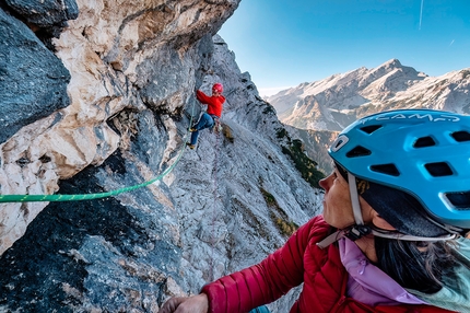 Ajdovska deklica, Prisojnik, Slovenia, Heathen Maiden, Luka Lindič, Ines Papert  - Luka Lindič and Ines Papert making the first ascent of Invisible Transformation on Ajdovska deklica (Heathen Maiden), Mount Prisojnik, Slovenia