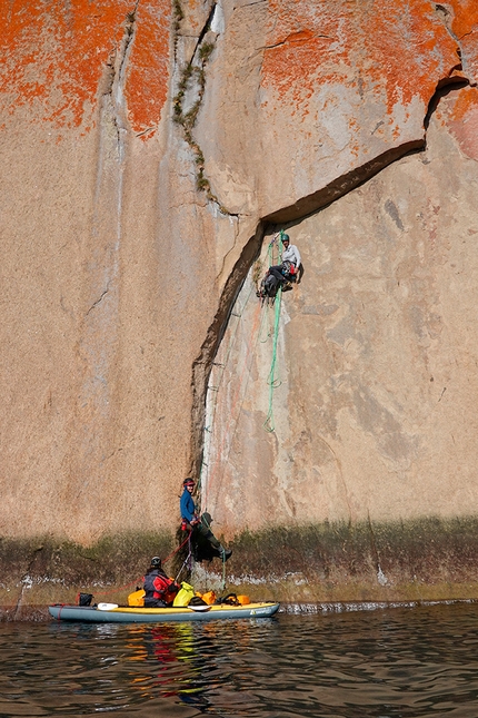 Greenland climbing, Jacob Cook, Bronwyn Hodgins, Jaron Pham, Zack Goldberg-Poch, Angela Vanwiemeersch, Kelsey Watts  - Climbing in Greenland:  belaying the first pitch right out of the kayak