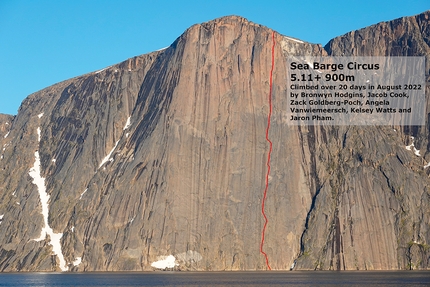 Greenland climbing, Jacob Cook, Bronwyn Hodgins, Jaron Pham, Zack Goldberg-Poch, Angela Vanwiemeersch, Kelsey Watts  - Sea Barge Circus, Qaersorsuaq, Greenland. First ascent by Bronwyn Hodgins, Jacob Cook, Jaron Pham, Zack Goldberg-Poch, Kelsey Watts and Angela Vanwiemeersch over 20 days (7 days camped on the wall for the summit push) in August 2022