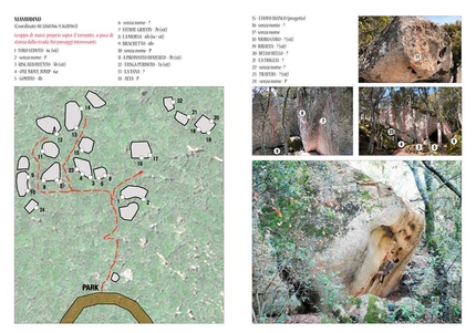 Pietra di Luna Bouldering in Sardegna - Una pagina di 'Pietra di Luna Bouldering in Sardegna' di Filippo Manca, Maurizio Oviglia, Giorgio Soddu. La guida copre le zone Gallura, Barbagia, Ogliastra, Campidano, Torre delle Stelle, Geremeas e Serrabus, per un totale di 31 aree boulder.