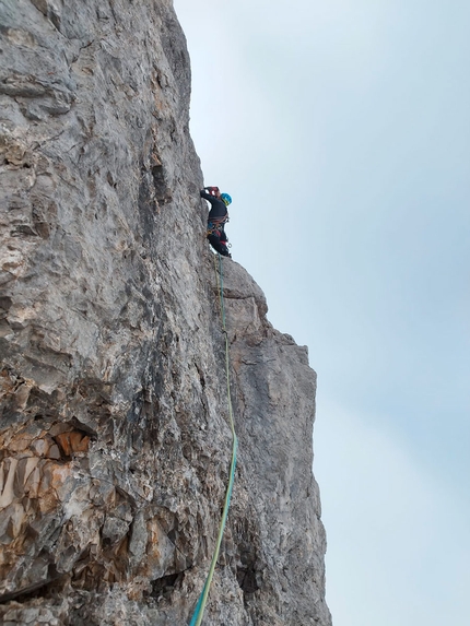 Dolomiti di Brenta, Franco Nicolini - Franco Nicolini durante l'apertura di 'Pilastro Pia' alla Cima Brenta Bassa, Dolomiti di Brenta