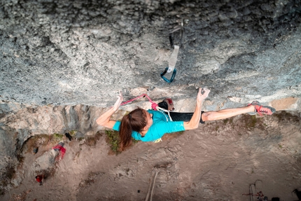 Stefano Ghisolfi, Adam Ondra, Laura Rogora, Castello di Drena, Arco - Laura Rogora attempting the route he bolted with Adam Ondra and Stefano Ghisolfi at Castello di Drena, Arco