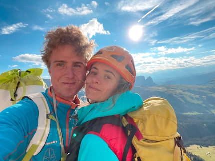 Sassopiatto, Dolomiti, Aaron Moroder, Franziska Rizzi, Cascata Estiva - Aaron Moroder e Franziska Rizzi durante l'apertura di Cascata Estiva sul Sassopiatto, Dolomiti