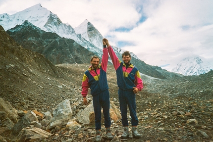 Silvo Karo, Bhagirathi III, India - Silvo Karo and Janez Jeglič celebrating after their new route on Bhagirathi III, 1990