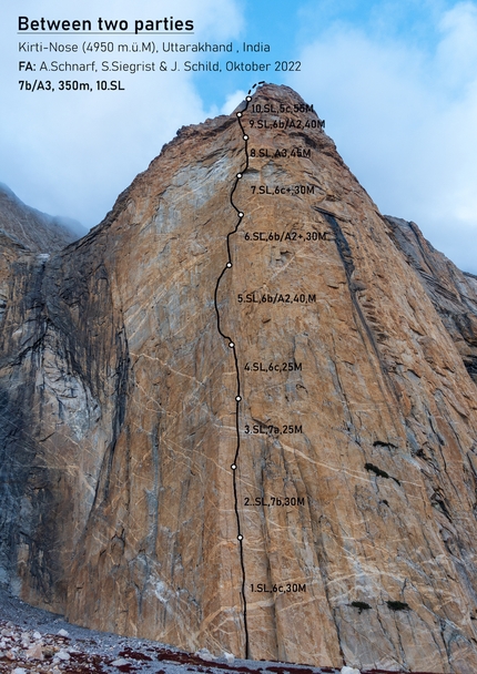 Kirti-Nose, India, Garwahl Himalaya, Jonas Schild, Andy Schnarf, Stephan Siegrist - Between two Parties (350m, 7b/A3) in the Garwahl Himalaya of India, first ascended in October 2022 by Jonas Schild, Andy Schnarf and Stephan Siegrist