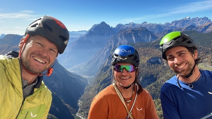 Torre Trieste, Civetta, Simon Gietl, Vittorio Messini, Matthias Wurzer - Matthias Wurzer, Simon Gietl and Vittorio Messini at a belay while climbing their new roue on Torre Trieste, Civetta, Dolomites