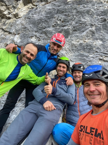Torre Trieste, Civetta, Alessandro Baù, Alessandro Beber, Nicola Tondini, Simon Gietl, Vittorio Messini, Matthias Wurzer - Nicola Tondini, Alessandro Baù, Vittorio Messini, Matthias Wurzer and Simon Gietl while establishing their new climbs on Torre Trieste in Civetta, Dolomites. Alessandro Beber is missing