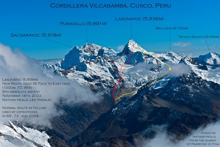 Lasunayoc, Peru, Cordillera Vilcabamba, Nathan Heald, Leo Rasalio - Nevado Lasunayoc (5,936m), Peru. In red the SE Face to E Face route climbed by Nathan Heald, Leo Rasalio in November 2022