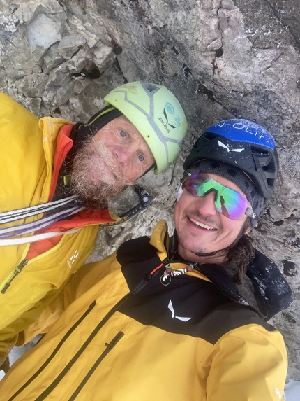 Pordoi, Dolomites, Simon Gietl, Andrea Oberbacher, Avatar  - Andrea Oberbacher and Simon Gietl making the first ascent of 'Avatar' on Sass Pordoi, Dolomites on 10/12/2022