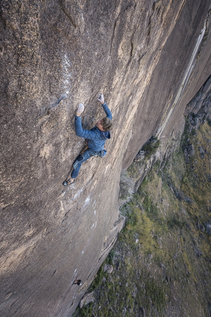 Tsaranoro, Madagascar, Thibau Grandjean, Jan Novak - Thibau Grandjean making the first ascent of Circoncision (150m, 7a+) on Lemur Wall, Tsaranoro, Madagascar, July 2022