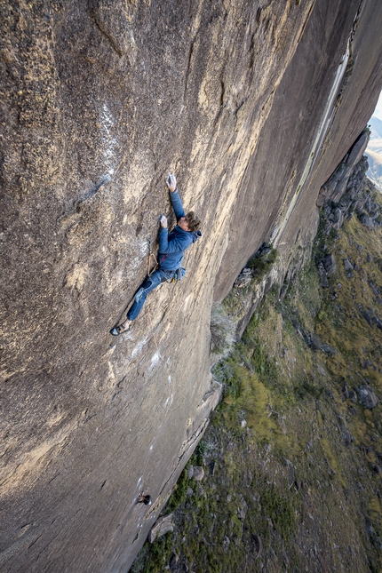 Tsaranoro, Madagascar, Thibau Grandjean, Jan Novak - Thibau Grandjean making the first ascent of Circoncision (150m, 7a+) on Lemur Wall, Tsaranoro, Madagascar, July 2022