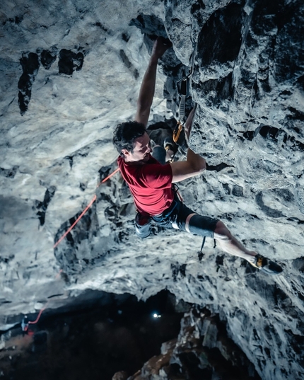 Adam Ondra - Adam Ondra making the first free ascent of Příklepový strop, a historic aid line in the Macocha cave at Moravský Kras in the Czech Republic