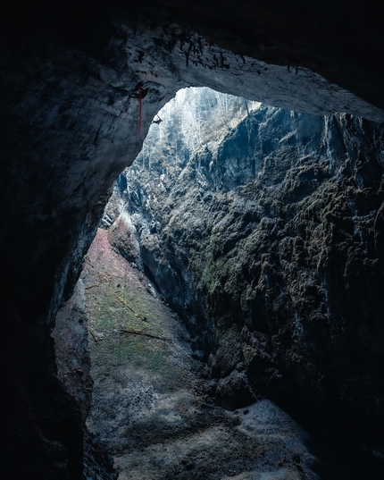 Adam Ondra - Adam Ondra making the first free ascent of Příklepový strop, a historic aid line in the Macocha cave at Moravský Kras in the Czech Republic