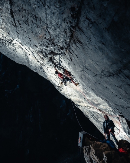 Adam Ondra - Adam Ondra making the first free ascent of Příklepový strop, a historic aid line in the Macocha cave at Moravský Kras in the Czech Republic