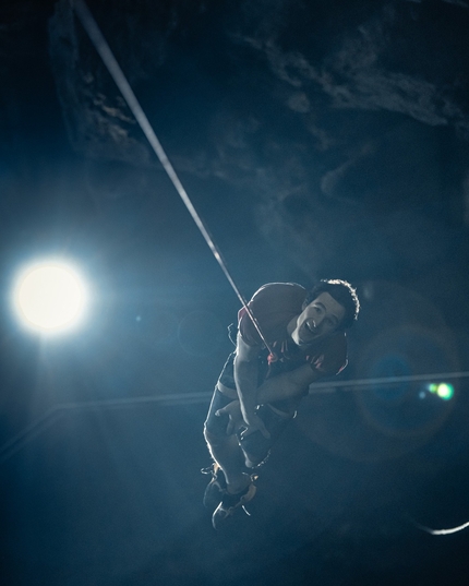 Adam Ondra - Adam Ondra making the first free ascent of Příklepový strop, a historic aid line in the Macocha cave at Moravský Kras in the Czech Republic