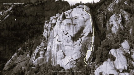 Luna Nascente, Val di Mello, Antonio Boscacci, Mirella Ghezzi, Graziano Milani - Il tracciato di Luna Nascente allo Scoglio delle Metamorfosi in Val di Mello il 3 settembre 1978 (Antonio Boscacci, Mirella Ghezzi, Graziano Milani)