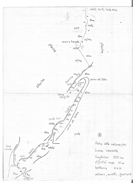 Luna Nascente, Val di Mello, Antonio Boscacci, Mirella Ghezzi, Graziano Milani - The original topo of Luna Nascente on Scoglio delle Metamorfosi in Val di Mello on 3 September 1978 (Antonio Boscacci, Mirella Ghezzi, Graziano Milani)