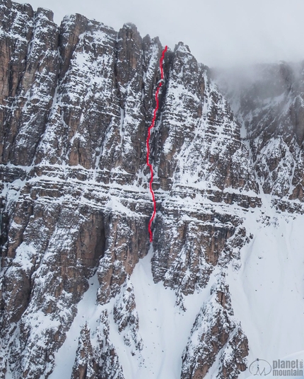 Somamunt, Val Badia, Dolomites, Simon Gietl, Aaron Durogati, Davide Prandini - The line of Felsenkeller on Somamunt above Campill / Longiarü in Val Badia, Dolomites (Simon Gietl, Aaron Durogati, Davide Prandini 01/2023)