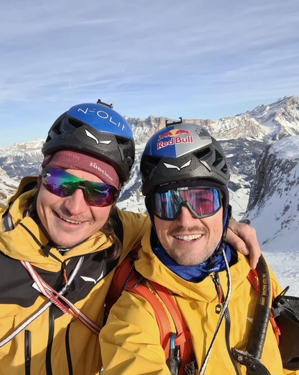 Somamunt, Val Badia, Dolomites, Simon Gietl, Aaron Durogati, Davide Prandini - Simon Gietl and Aaron Durogati establishing Felsenkeller on Somamunt above Campill / Longiarü in Val Badia, Dolomites