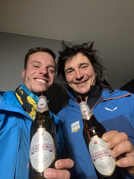 Somamunt, Val Badia, Dolomites, Simon Gietl, Aaron Durogati, Davide Prandini - Davide Prandini and Simon Gietl celebrating after having established Felsenkeller on Somamunt above Campill / Longiarü in Val Badia, Dolomites