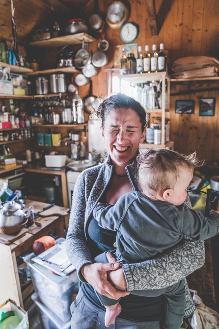 Charpoua Hut, Mont Blanc, Sarah Cartier - Sarah Cartier with her 10-month-old child at Refuge Charpoua (2841m), Massif du Mont-Blanc